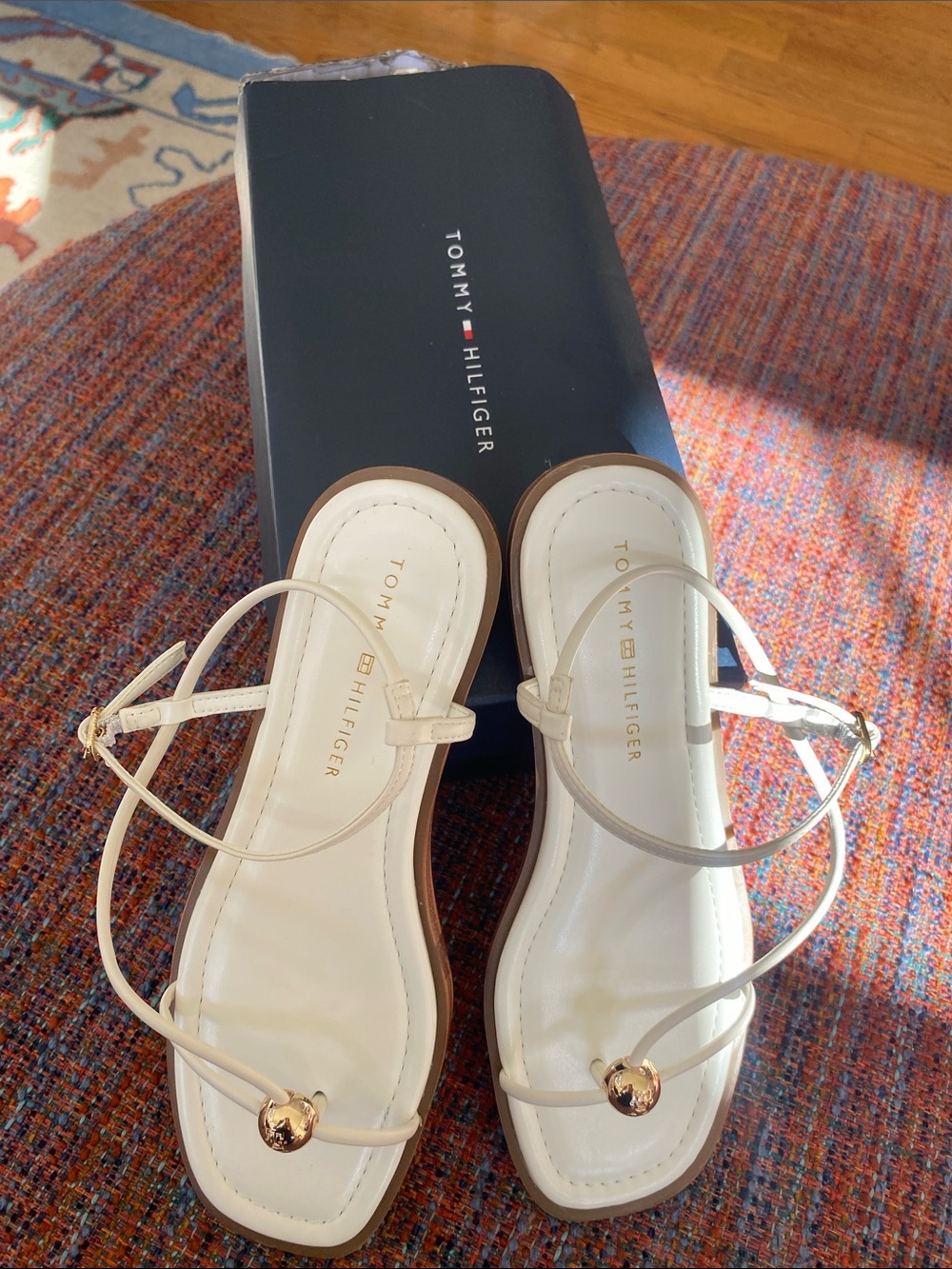 Tommy Hilfiger Ivory Strappy Flat Sandals with Gold Accent